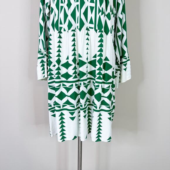 Anna Kay | Geometric White Green Bell Sleeve Flowy Short Designer Summer Dress L - Picture 5 of 12